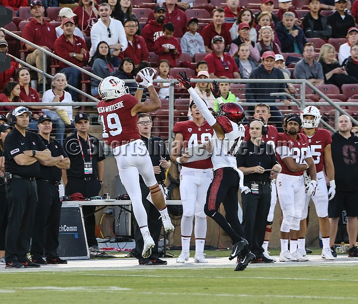20180831SanDiegoatStanford-09.JPG - Stanford Cardinal wide receiver JJ Arcega-Whiteside catches a pass during an NCAA football game against the San Diego State Aztecs in Stanford, Calif. on Friday, August 31, 2017. Stanford defeated San Diego State 31-10.
